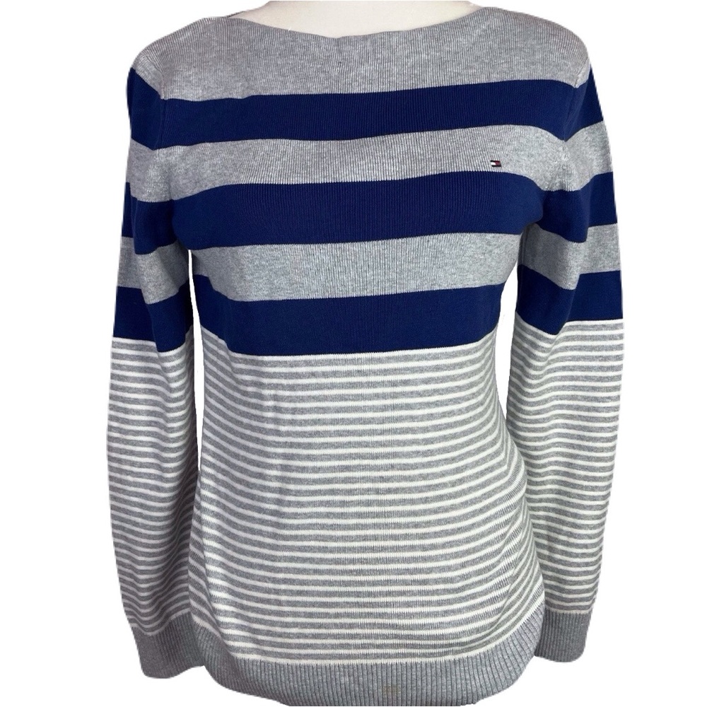 Tommy Hilfiger Women's Cotton Gray Sweater Boat Neck Blue Stripe Size Large